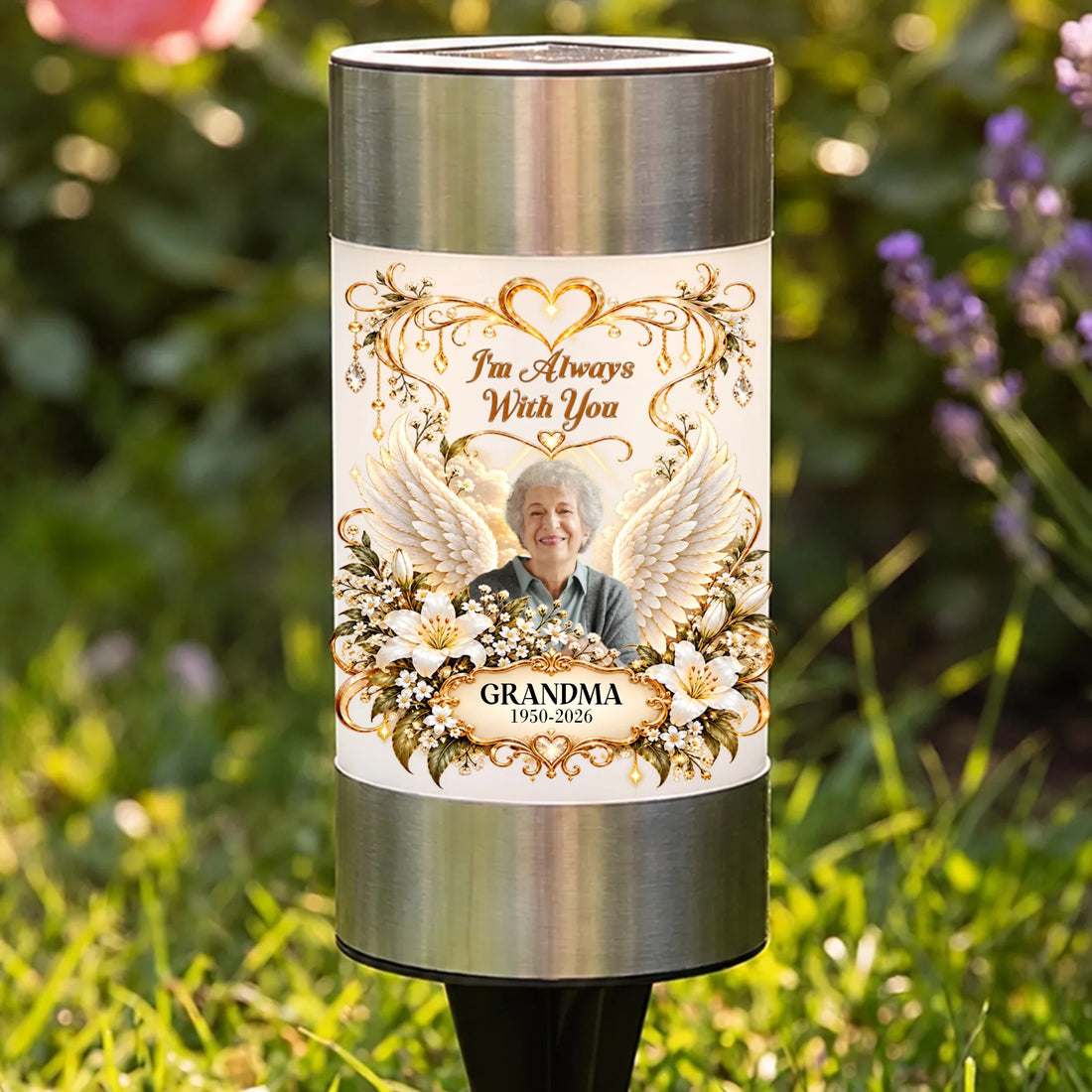 Personalized memorial solar garden light with photo, angel wings and golden heart
