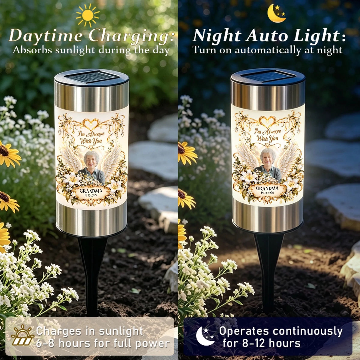 Memorial solar garden light charging by day and glowing automatically at night