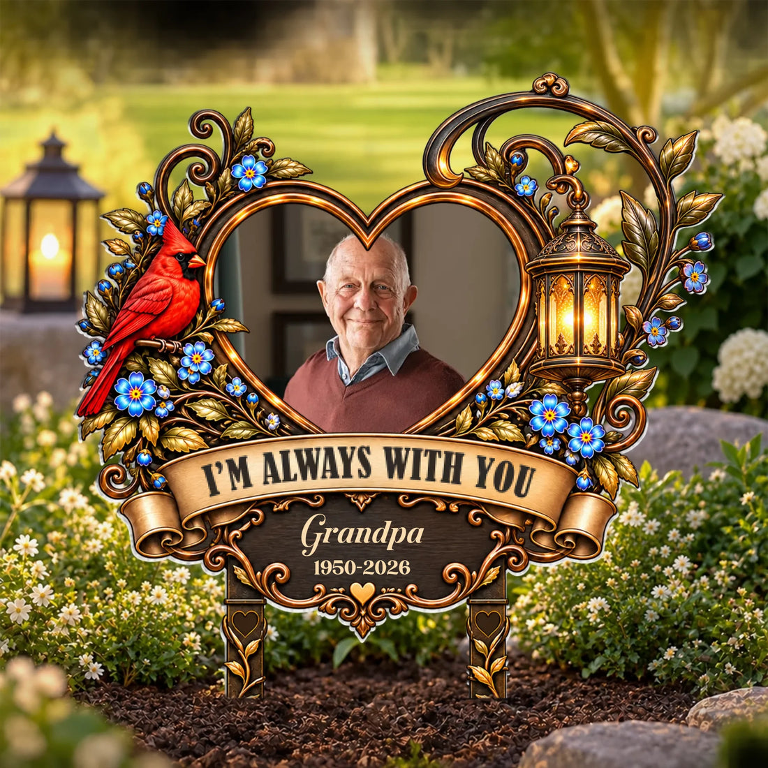 Personalized cardinal memorial garden stake with photo, lantern and forget-me-nots