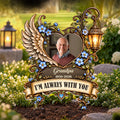 Personalized memorial garden stake with photo, angel wing and hanging lantern