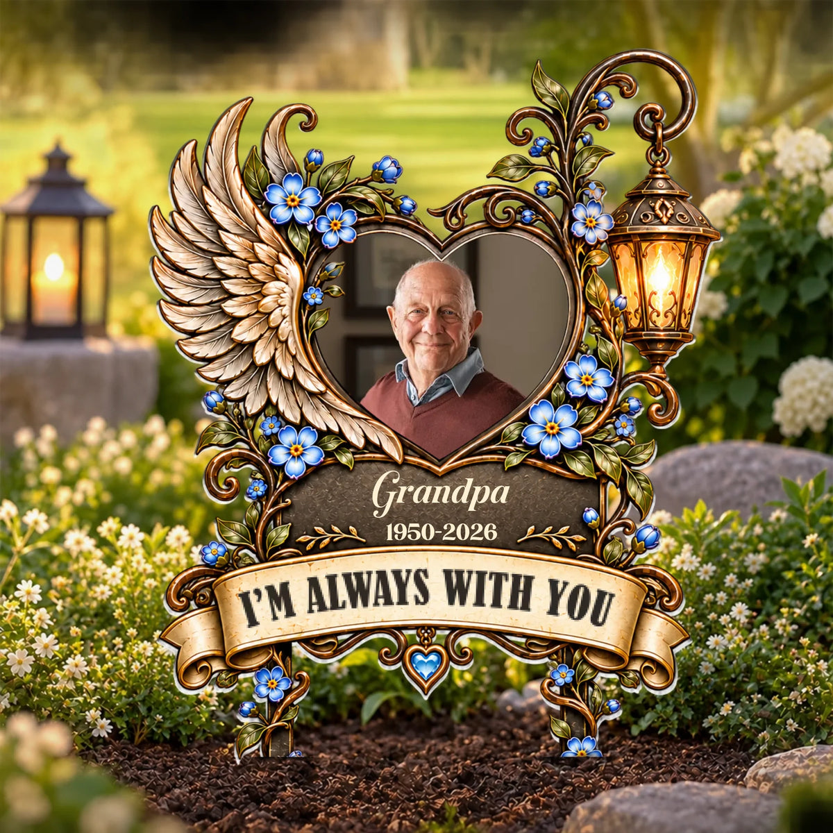 Personalized memorial garden stake with photo, angel wing and hanging lantern