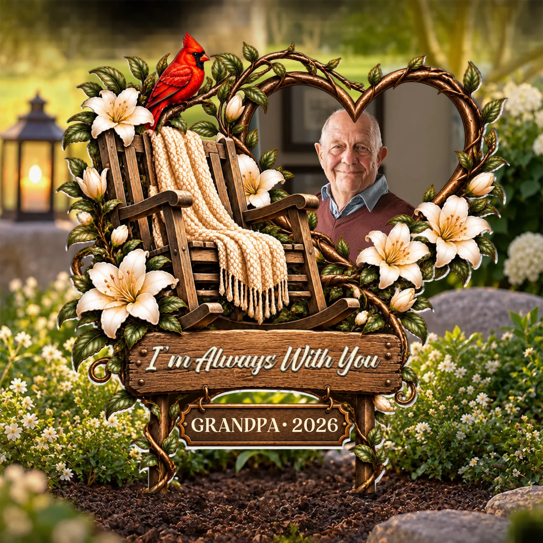 Personalized memorial garden stake with photo, empty rocking chair and cardinal