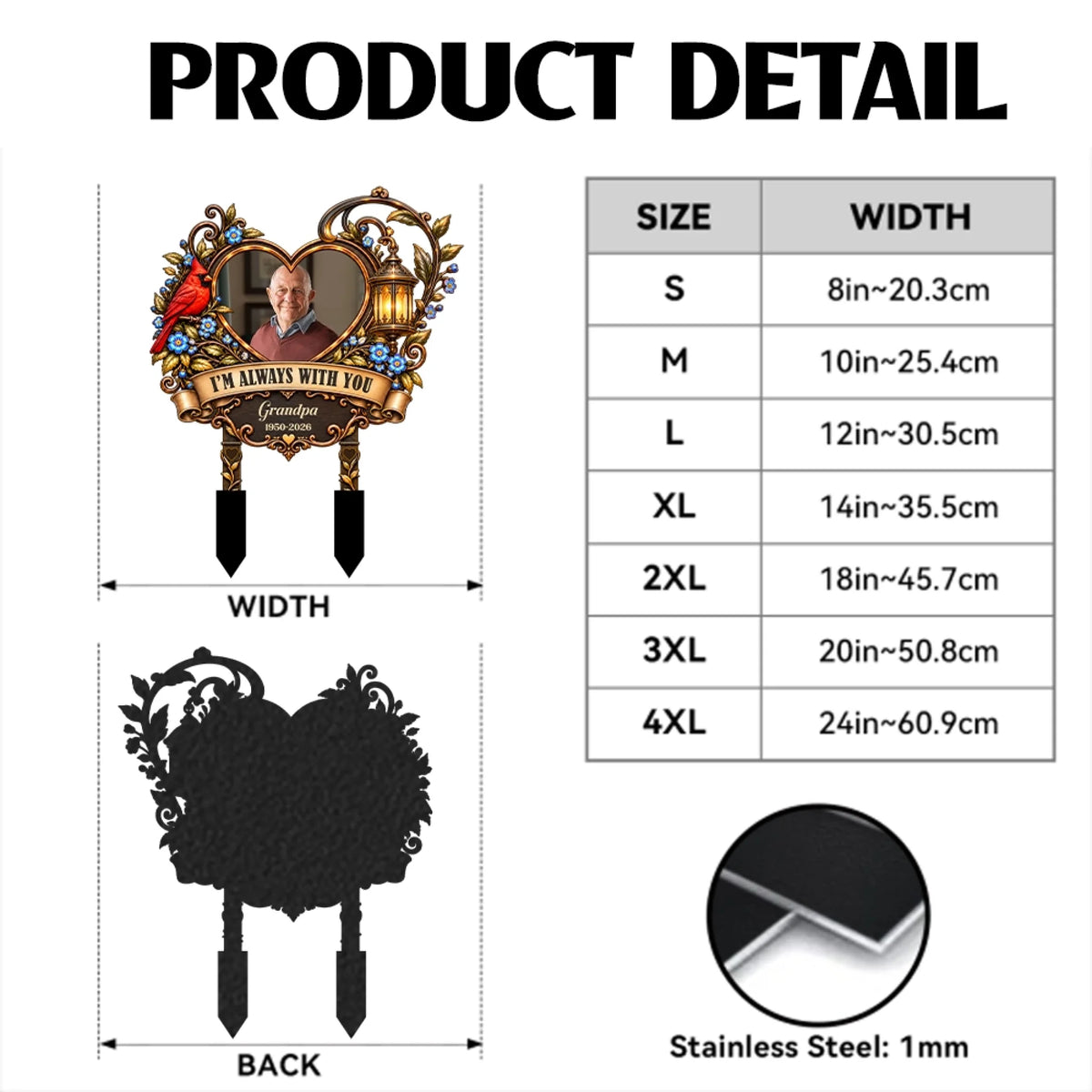 Garden stake size chart from 8 to 24 inches with stainless steel back view