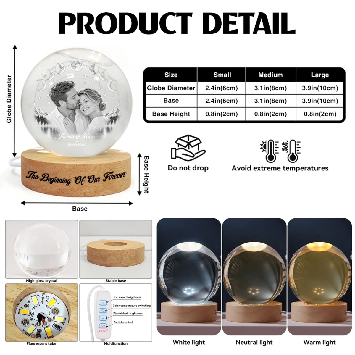 Crystal globe lamp size chart with white, neutral and warm light modes