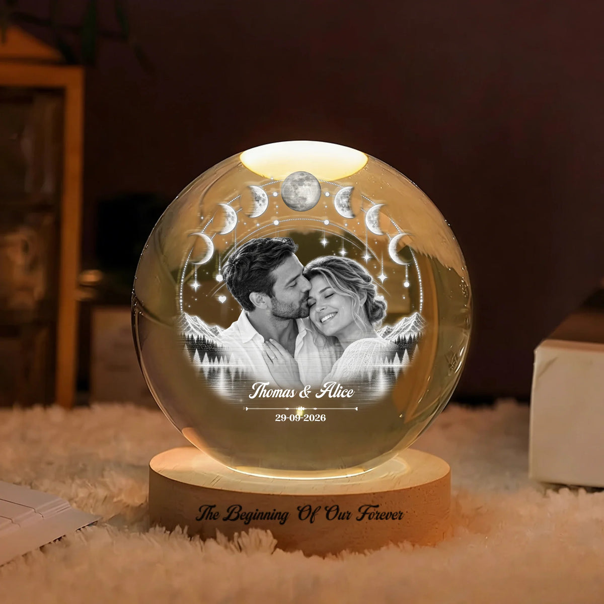 Personalized couple crystal globe lamp with photo, names, date and moon phases