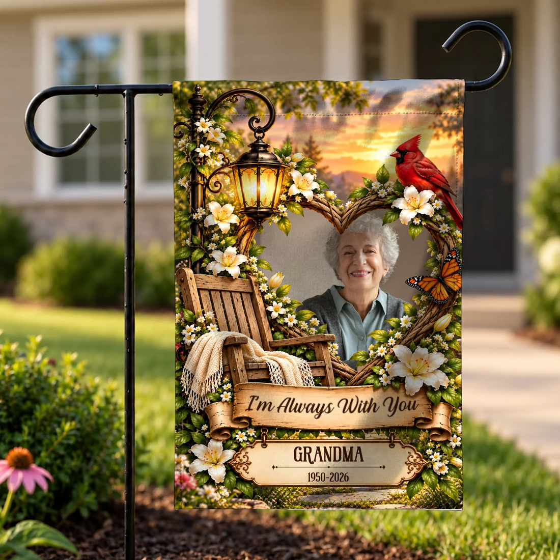 Personalized memorial garden flag with photo in a cardinal heart frame and rocking chair