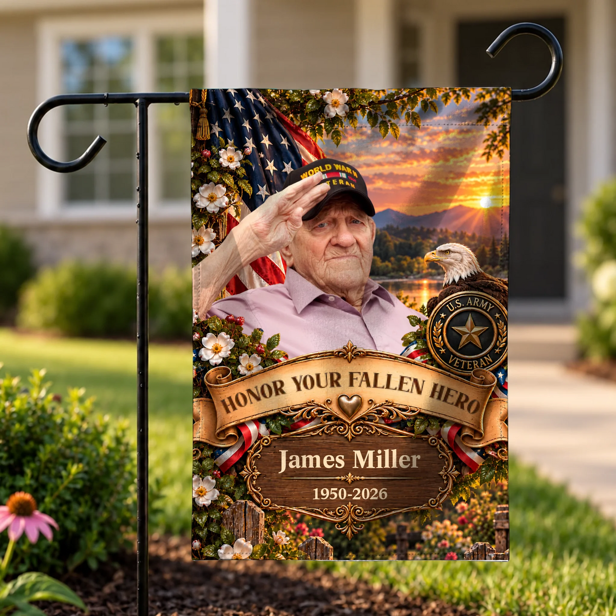 Personalized veteran memorial garden flag with photo, American flag and bald eagle