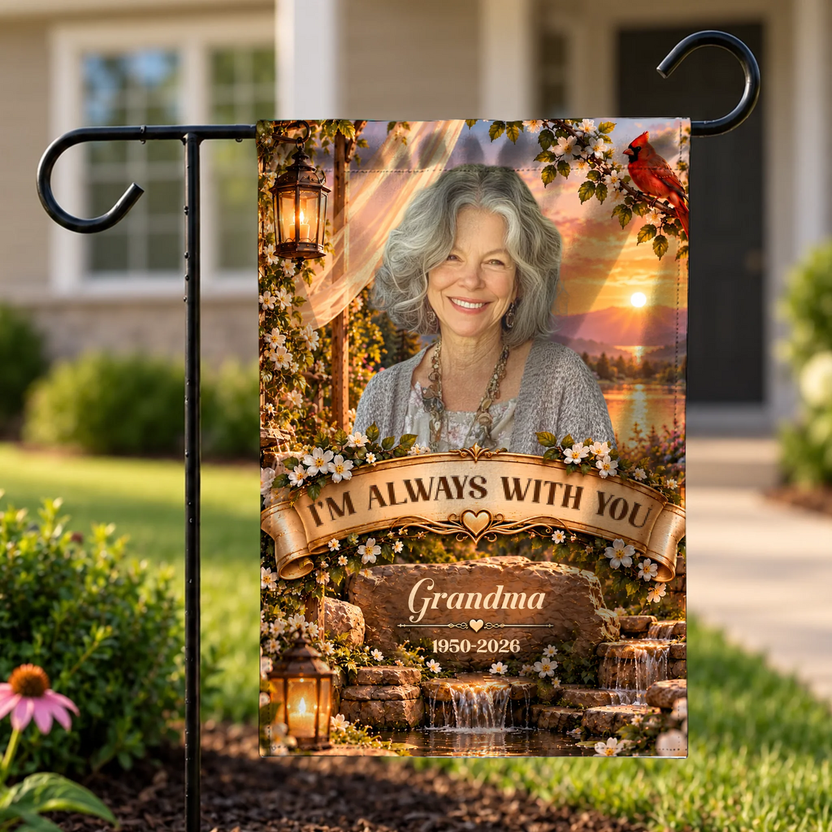 Personalized memorial garden flag with photo, sunset waterfall and lanterns