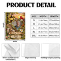 Garden flag product details with fabric, edge stitching and hanging sleeve close-ups