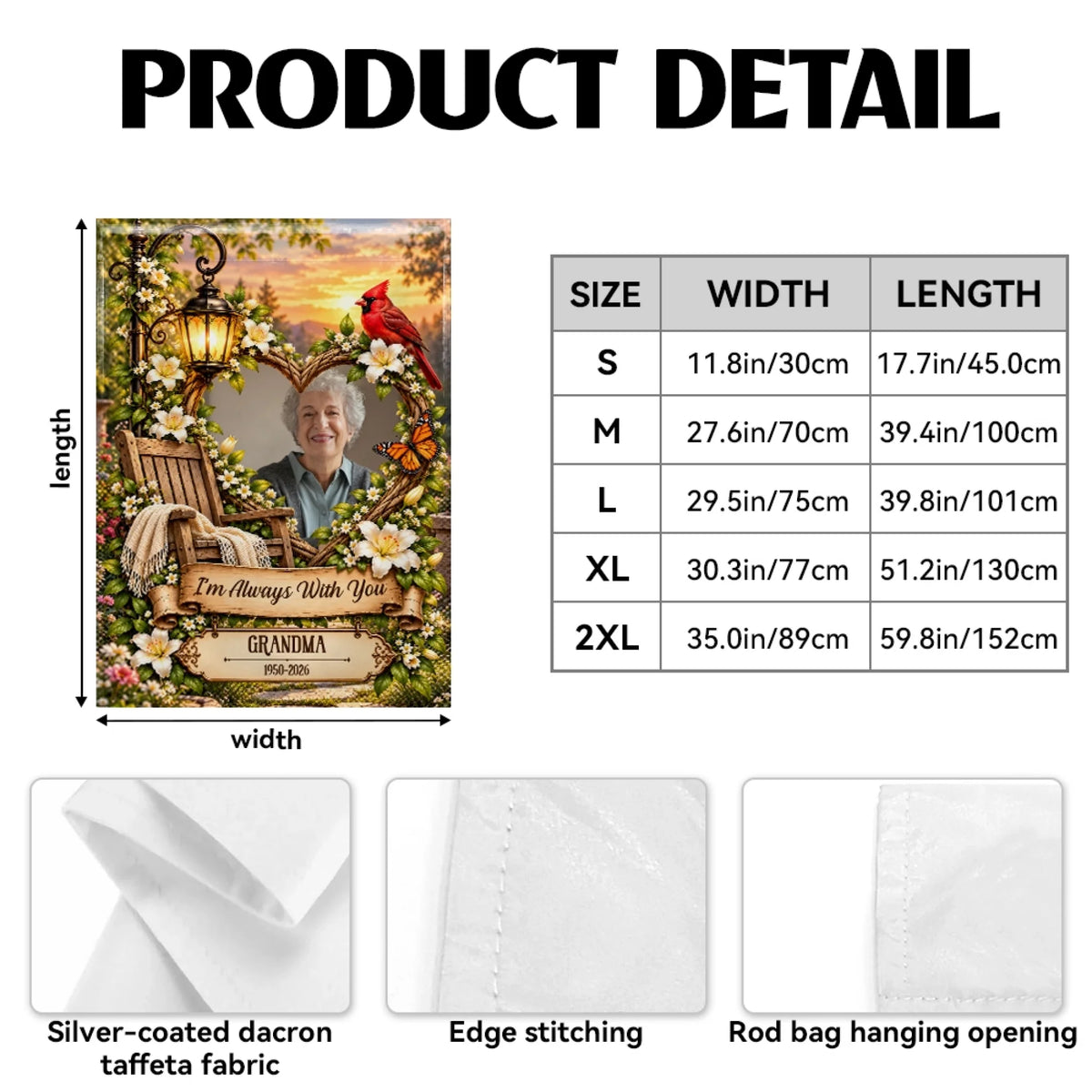 Garden flag product details with fabric, edge stitching and hanging sleeve close-ups