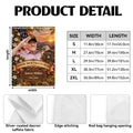 Garden flag product details with fabric, edge stitching and hanging sleeve close-ups