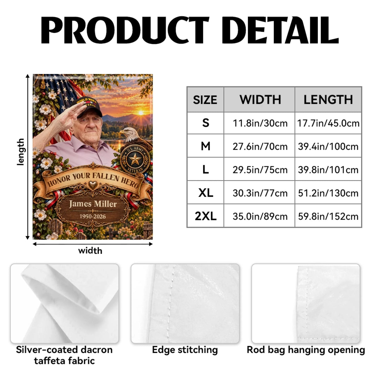 Garden flag product details with fabric, edge stitching and hanging sleeve close-ups