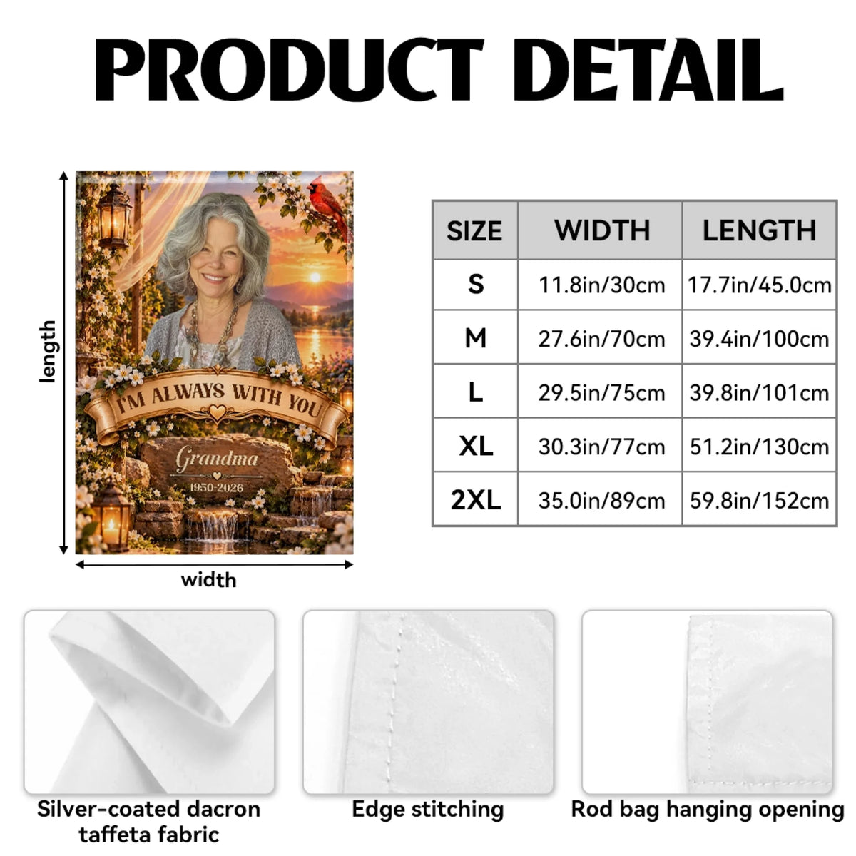 Garden flag product details with fabric, edge stitching and hanging sleeve close-ups