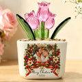 Personalized Christmas glass tulip pot with pink tulips and photo wreath