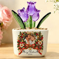 Purple glass tulips in personalized ceramic pot with Christmas photo wreath