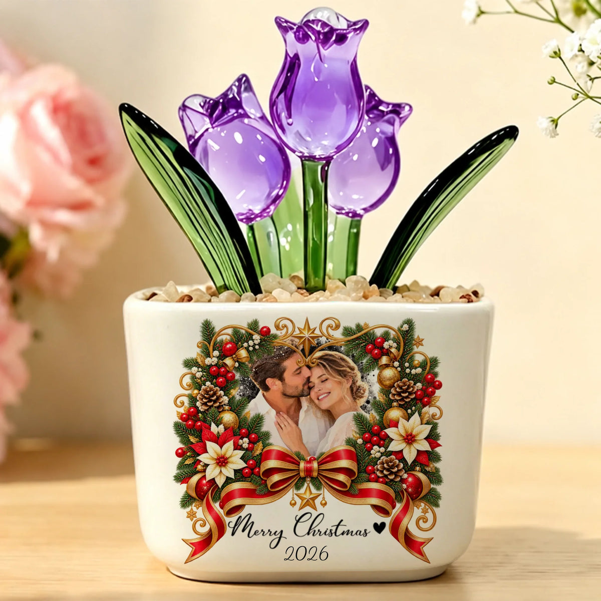 Purple glass tulips in personalized ceramic pot with Christmas photo wreath