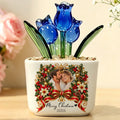 Blue glass tulip pot personalized with couple photo and Merry Christmas quote