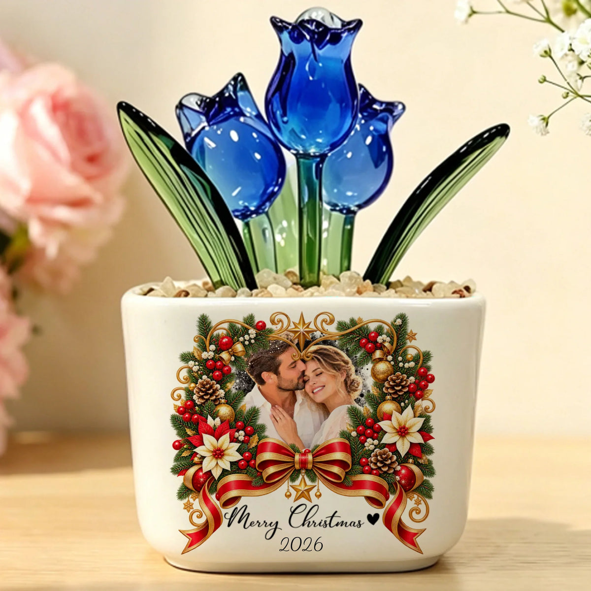 Blue glass tulip pot personalized with couple photo and Merry Christmas quote