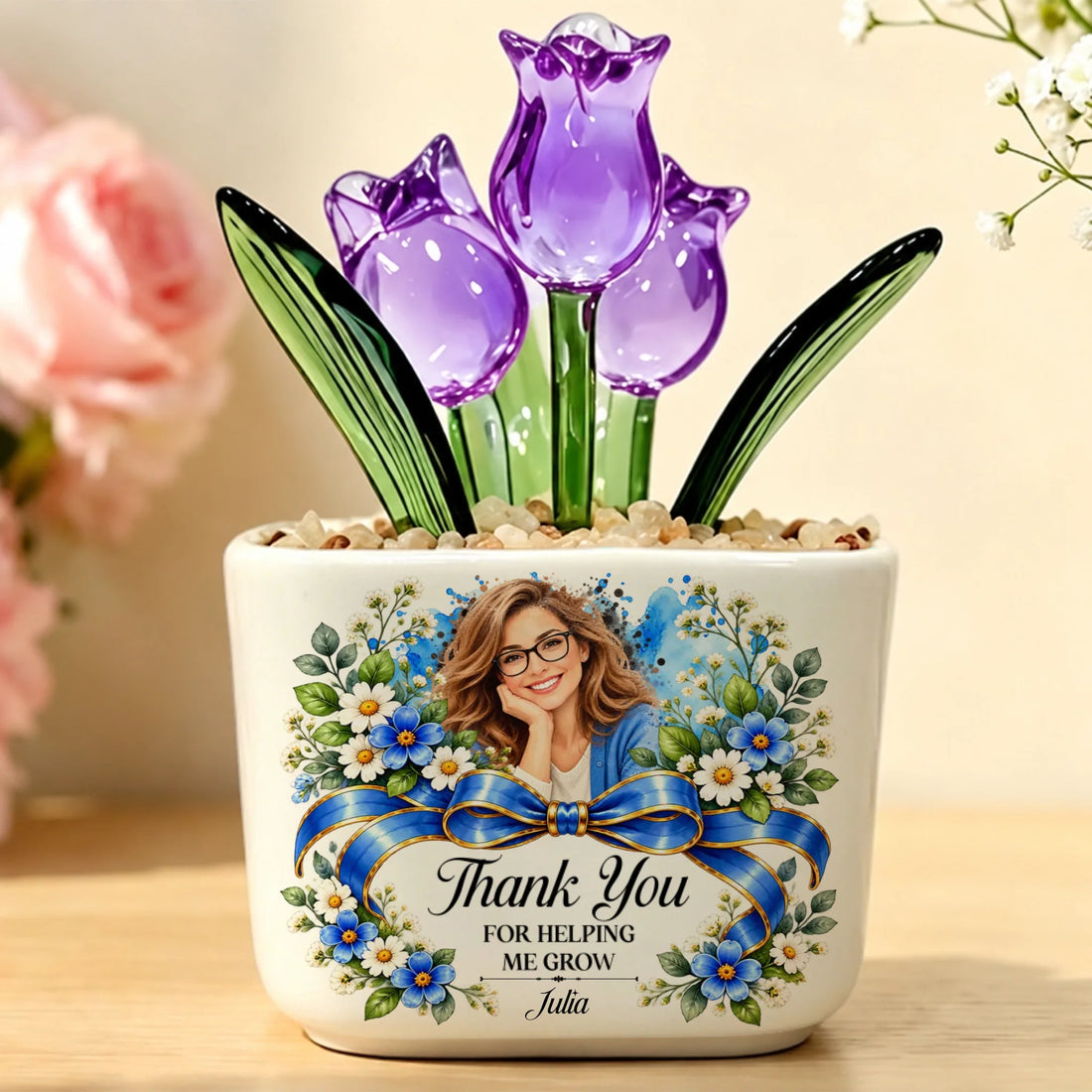 Personalized glass tulip pot with purple tulips and blue floral photo frame