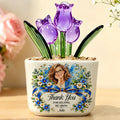 Personalized glass tulip pot with purple tulips and blue floral photo frame
