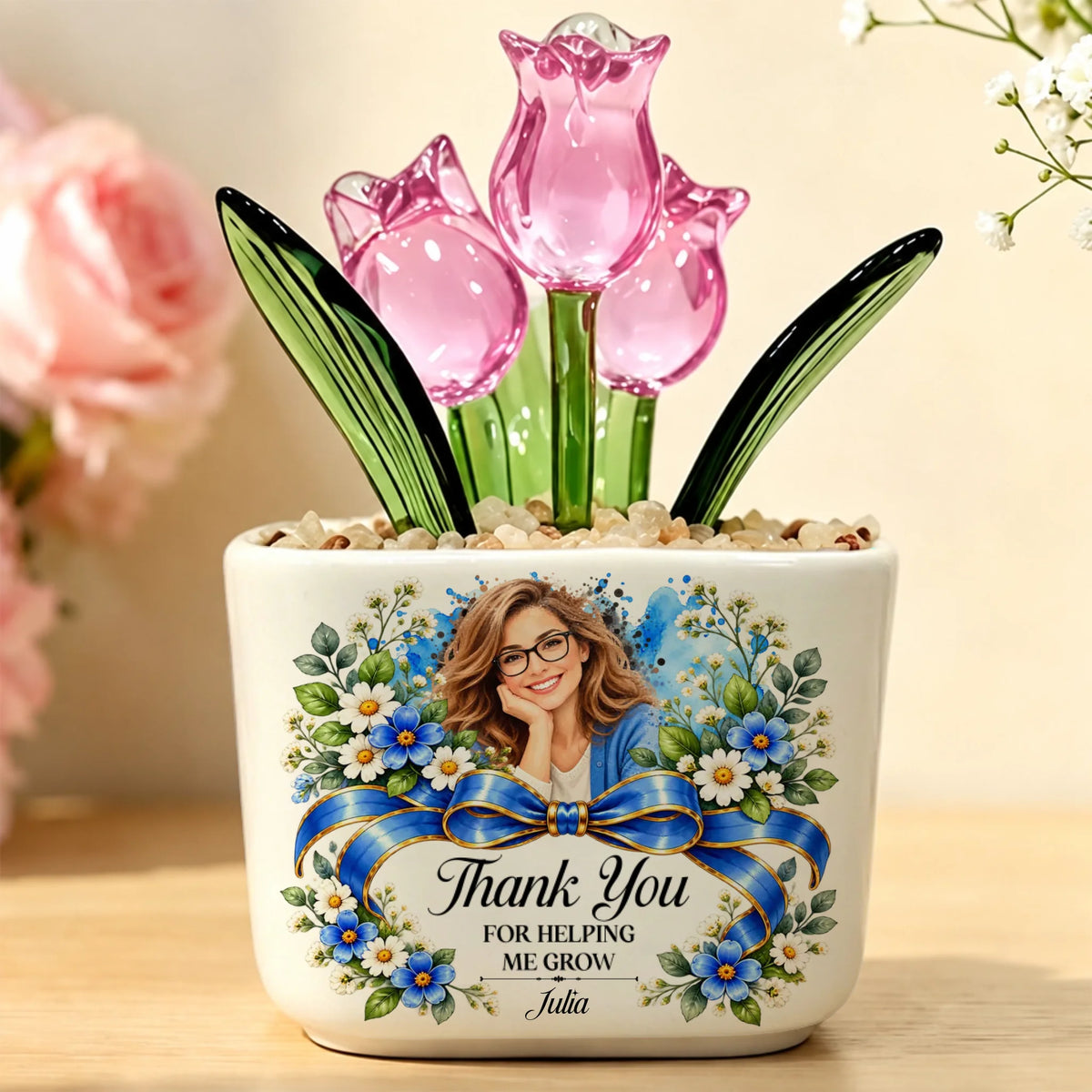 Pink glass tulips in ceramic pot printed with Thank You For Helping Me Grow