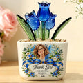 Blue glass tulip pot personalized with mom photo and blue ribbon design