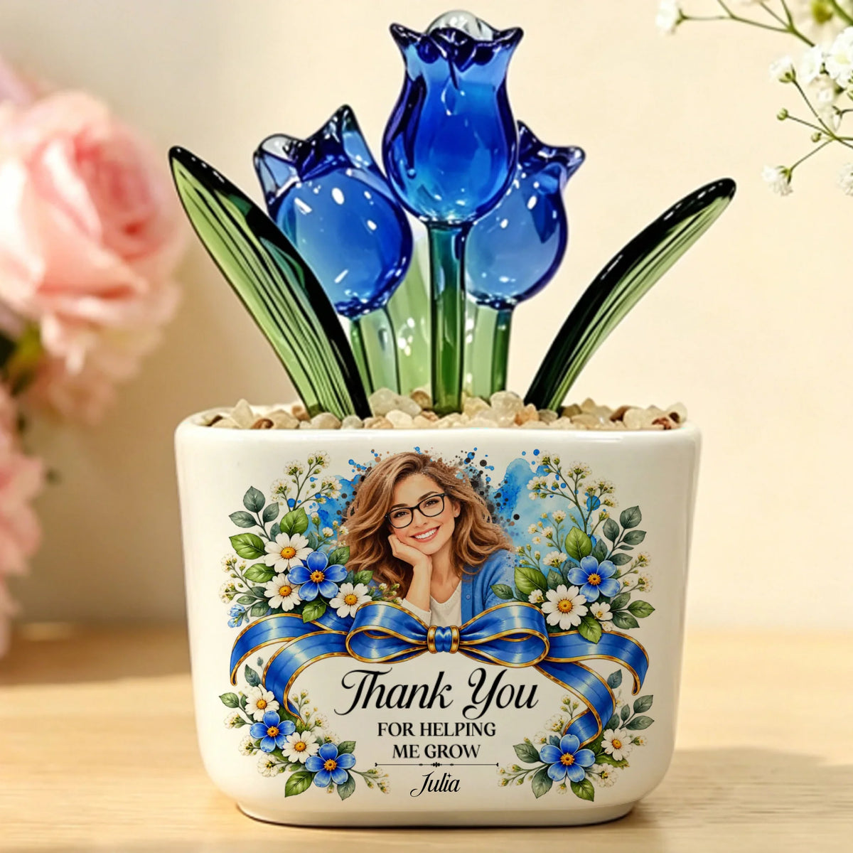Blue glass tulip pot personalized with mom photo and blue ribbon design