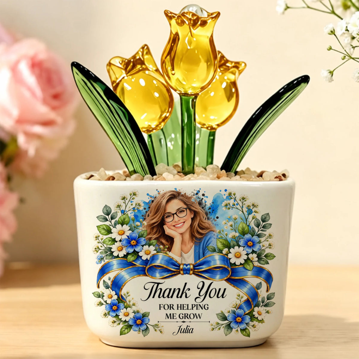 Orange glass tulip variant in personalized pot with floral ribbon and name