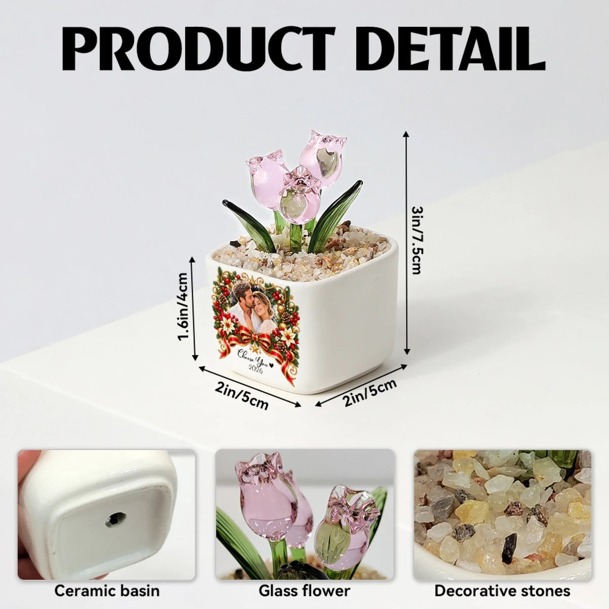 Glass tulip pot product details with size, ceramic base and decorative stones