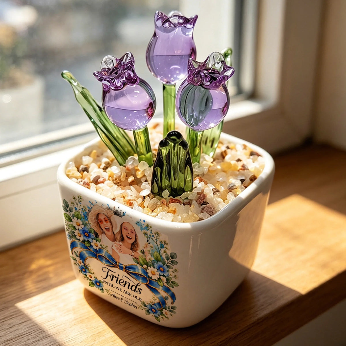 Purple glass tulip pot with Friends Until We Are Old design by a window