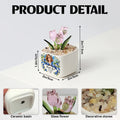 Glass tulip pot product details with size, ceramic base and decorative stones