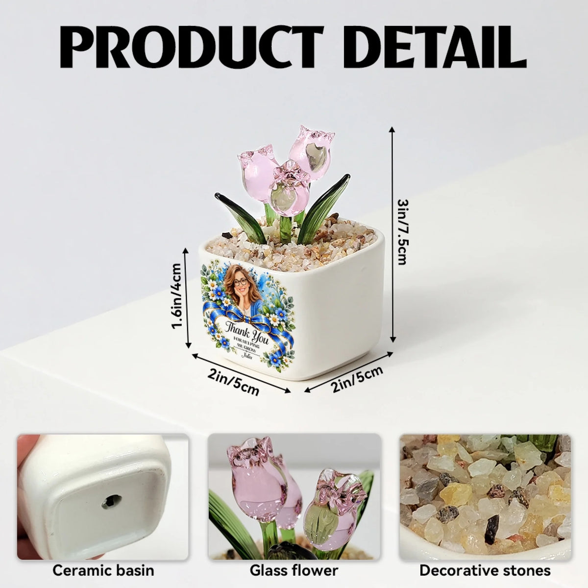 Glass tulip pot product details with size, ceramic base and decorative stones