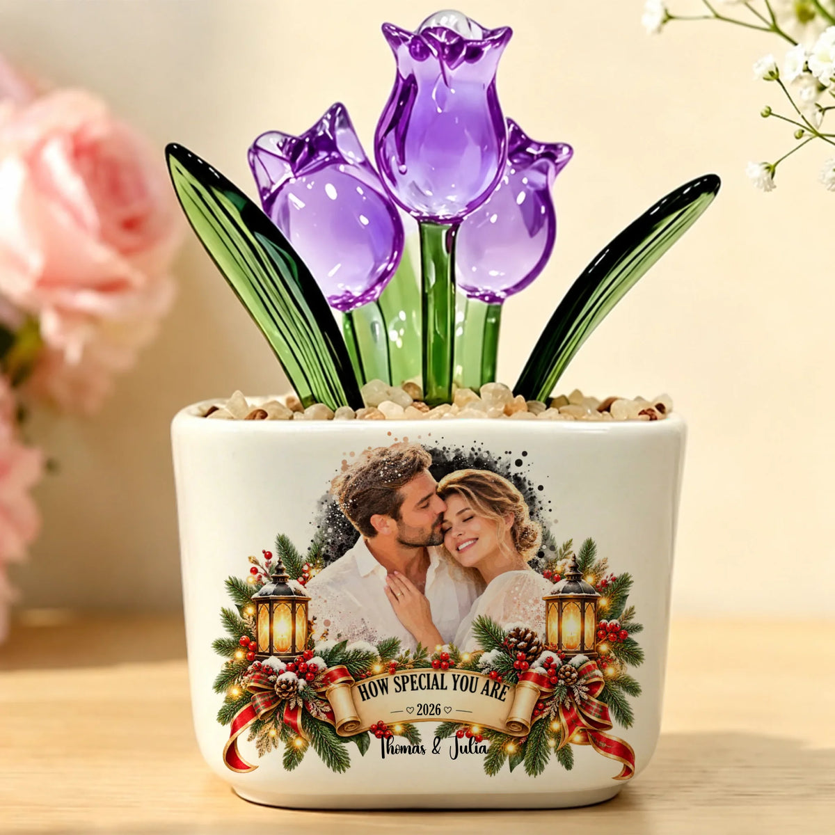 Personalized Christmas glass tulip pot with purple tulips, photo and lanterns