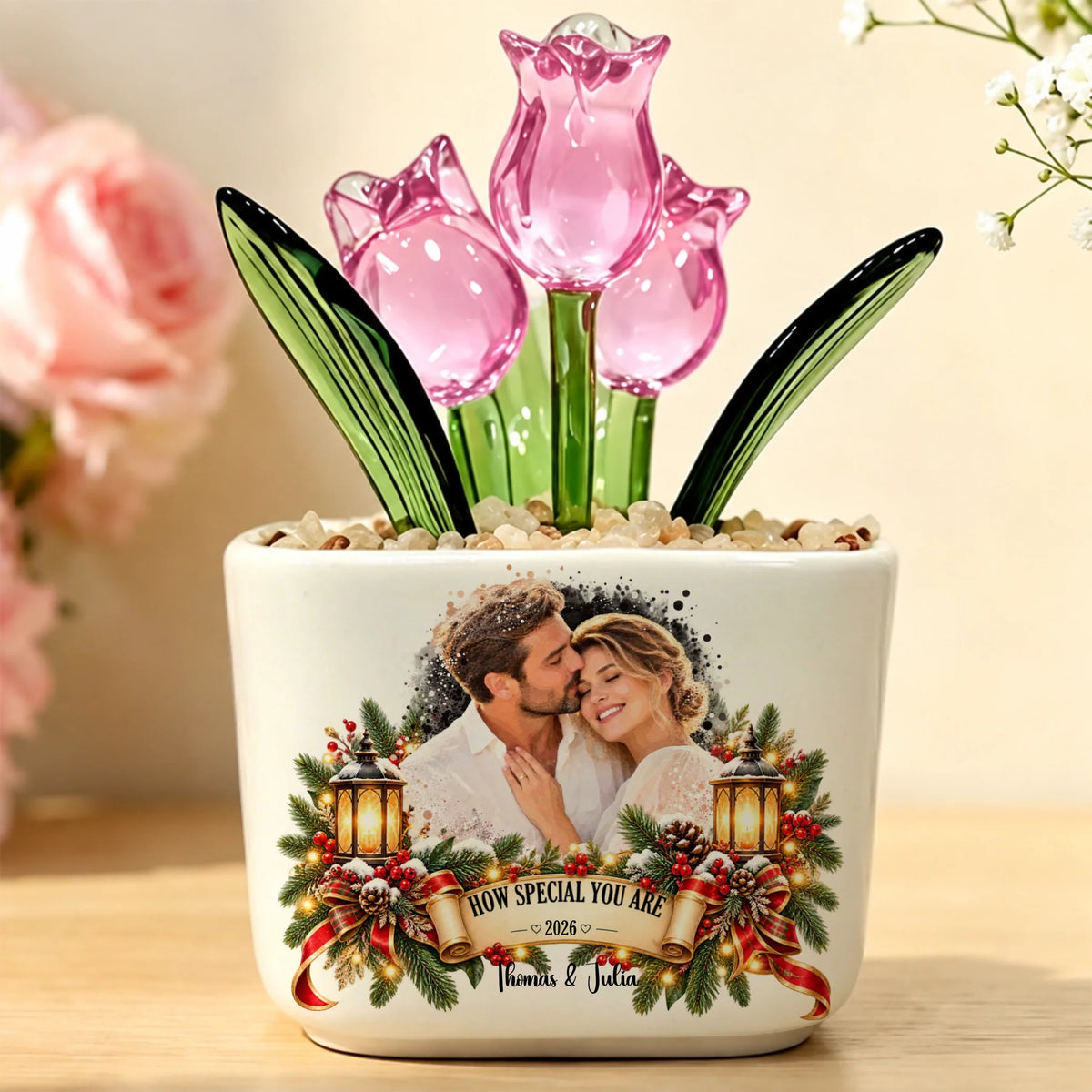 Pink glass tulips in ceramic pot printed with How Special You Are banner