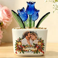 Blue glass tulip pot personalized with couple photo, year and names