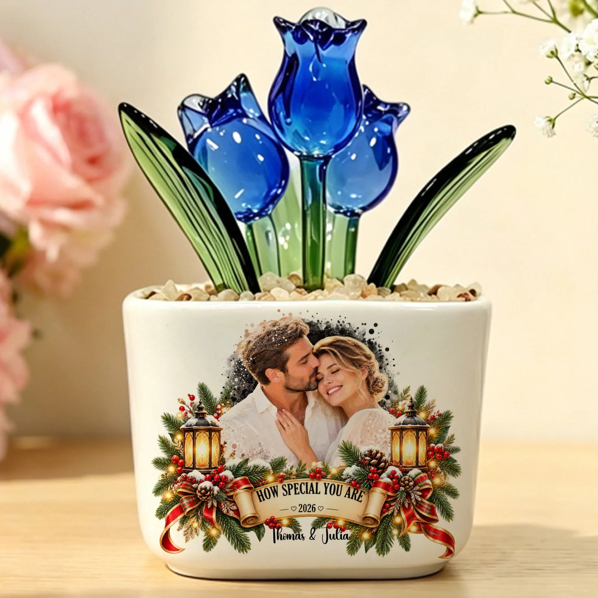 Blue glass tulip pot personalized with couple photo, year and names