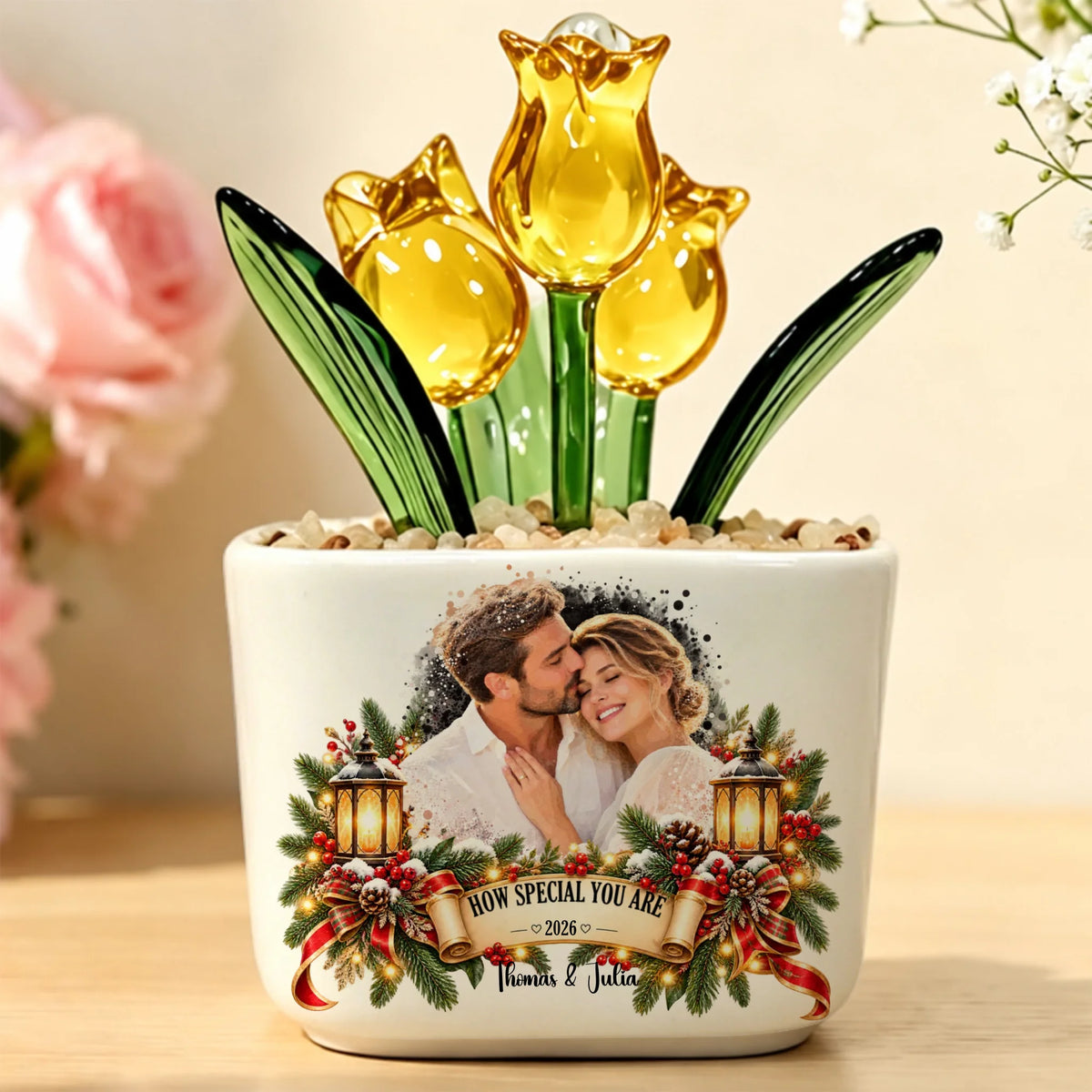 Orange glass tulip variant in Christmas lantern photo pot with scroll banner