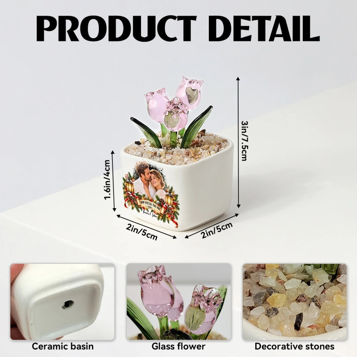 Glass tulip pot product details with size, ceramic base and decorative stones