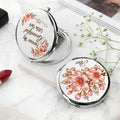Silver personalized compact mirror with pink crystal-style blossoms and quote