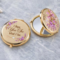 Gold personalized compact mirror with lavender crystal-style flowers and quote