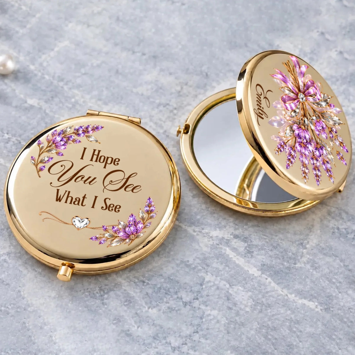 Gold personalized compact mirror with lavender crystal-style flowers and quote