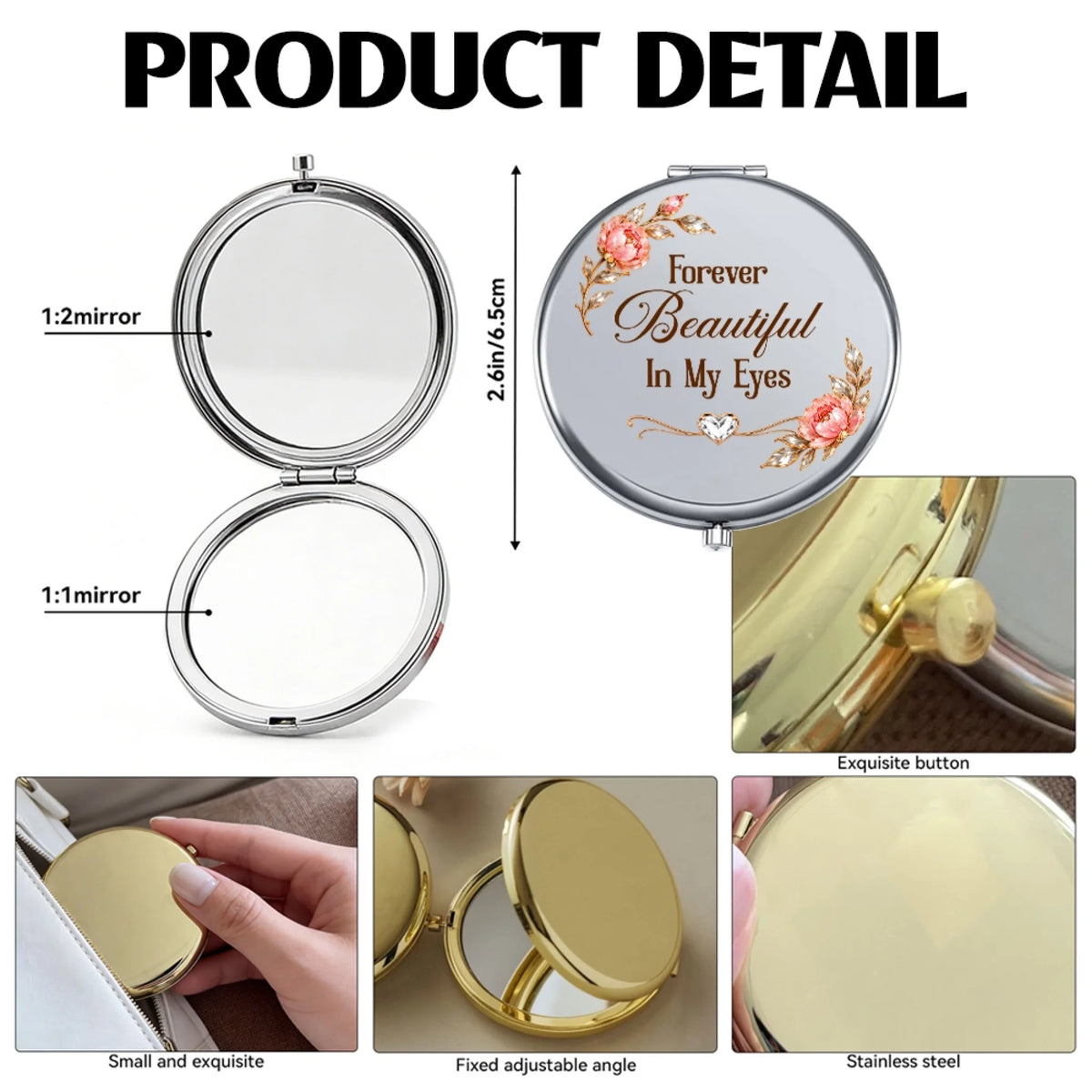 Compact mirror product details showing 1:1 and 1:2 mirrors and 2.6 inch size