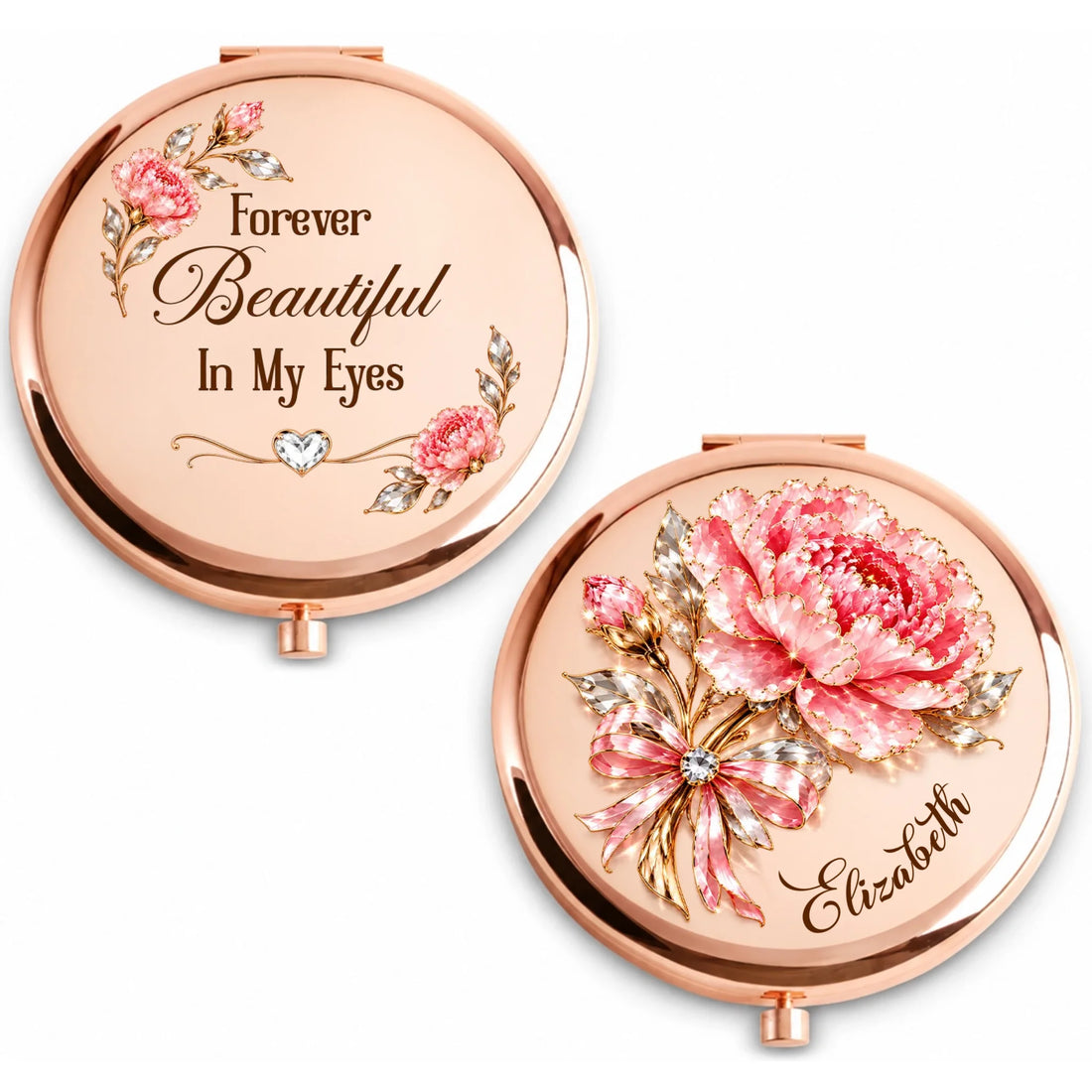 Rose gold personalized compact mirror with crystal-style peony bouquet and name