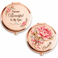Rose gold personalized compact mirror with crystal-style peony bouquet and name