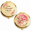 Gold crystal-style birth flower compact mirror with name and quote