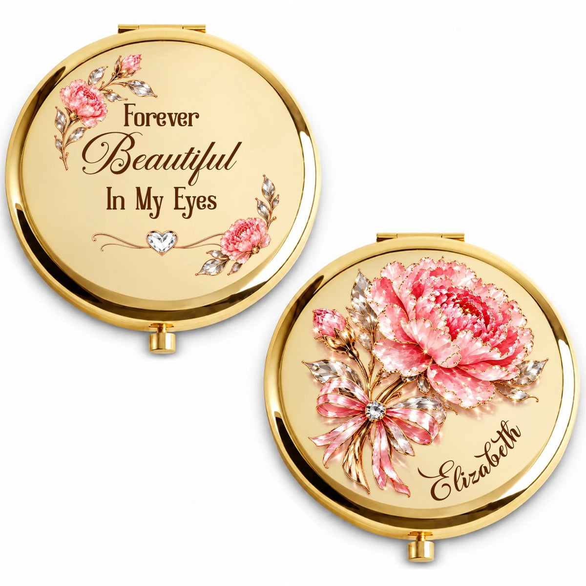 Gold crystal-style birth flower compact mirror with name and quote