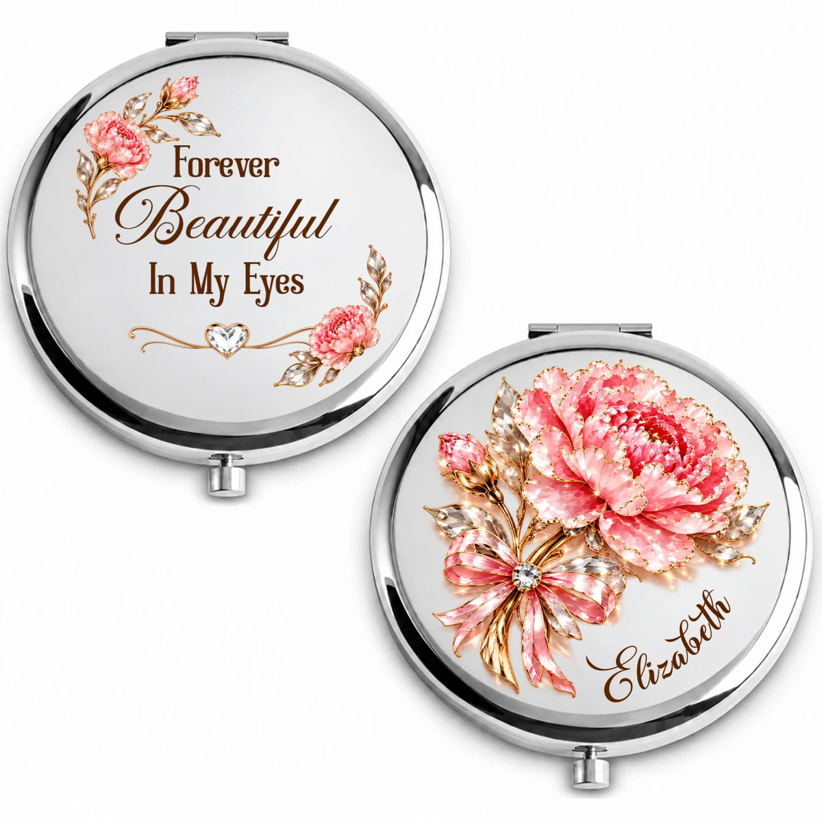 Silver crystal-style birth flower compact mirror with name and quote