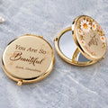 Gold personalized compact mirrors with daisy wreath name and You Are So Beautiful quote