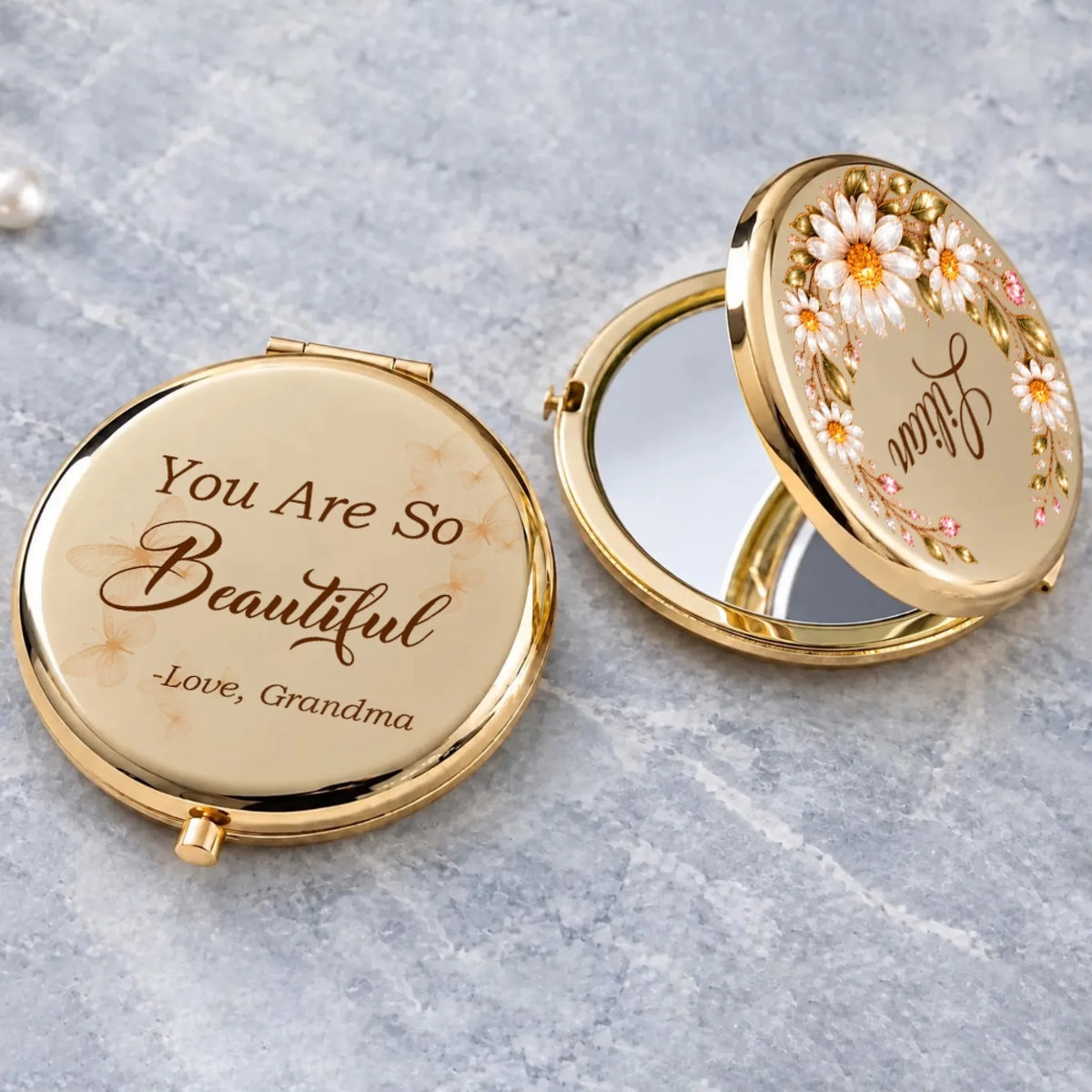 Gold personalized compact mirrors with daisy wreath name and You Are So Beautiful quote