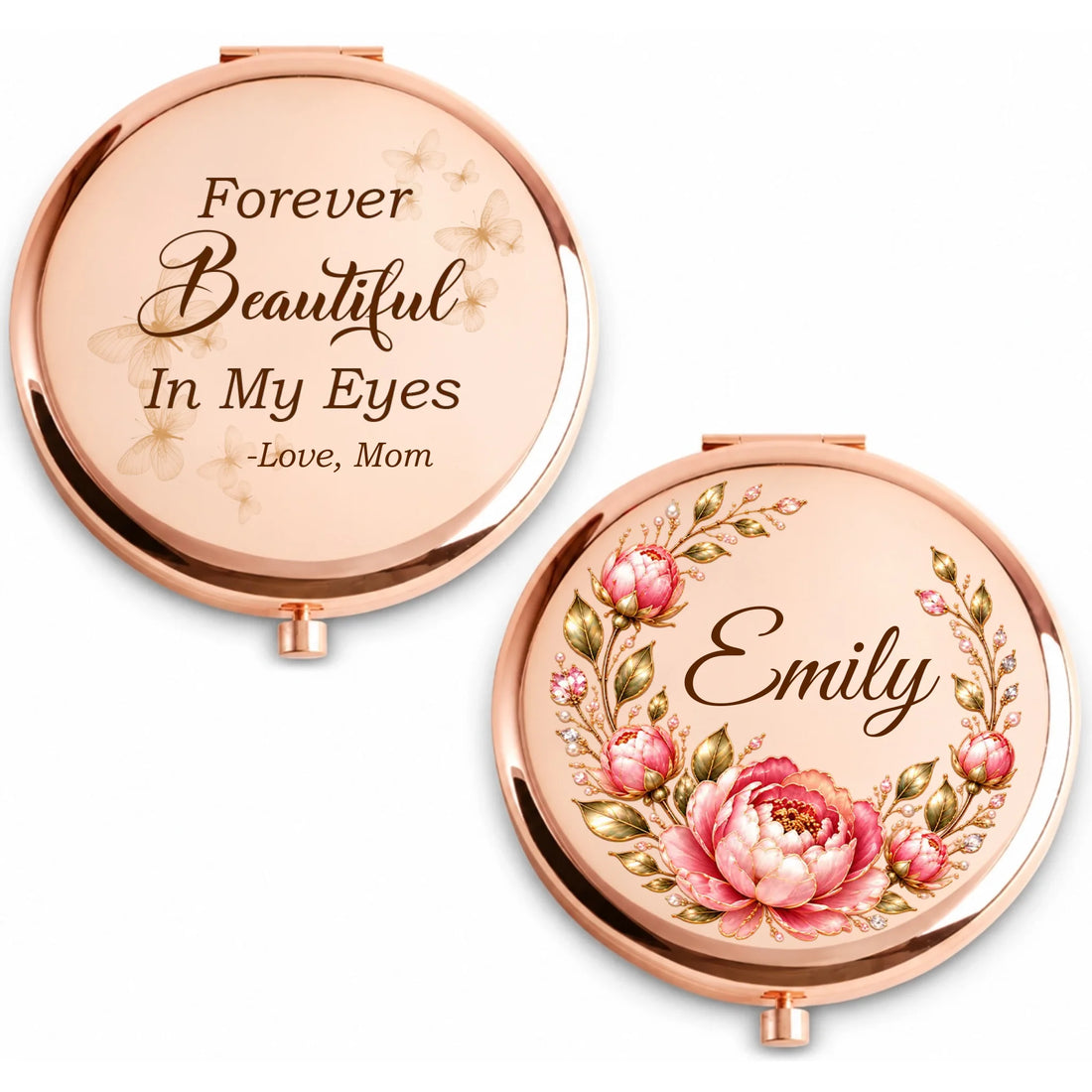 Personalized rose gold compact mirror with birth flower wreath, name and quote